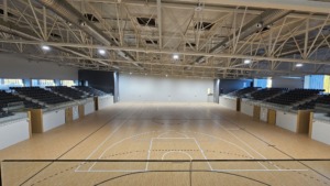 Pista central del Centro Deportivo Las Rosas preparada para baloncesto y fútbol sala.