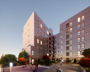 Infografía del edificio de 40 viviendas de la promoción Carabanchel 35 ejecutado por Grupo MLN en Madrid